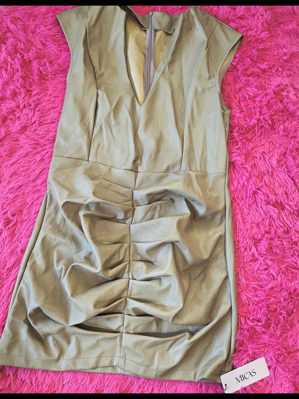 Micas Olive Green Ruched V-Neck Mini Dress